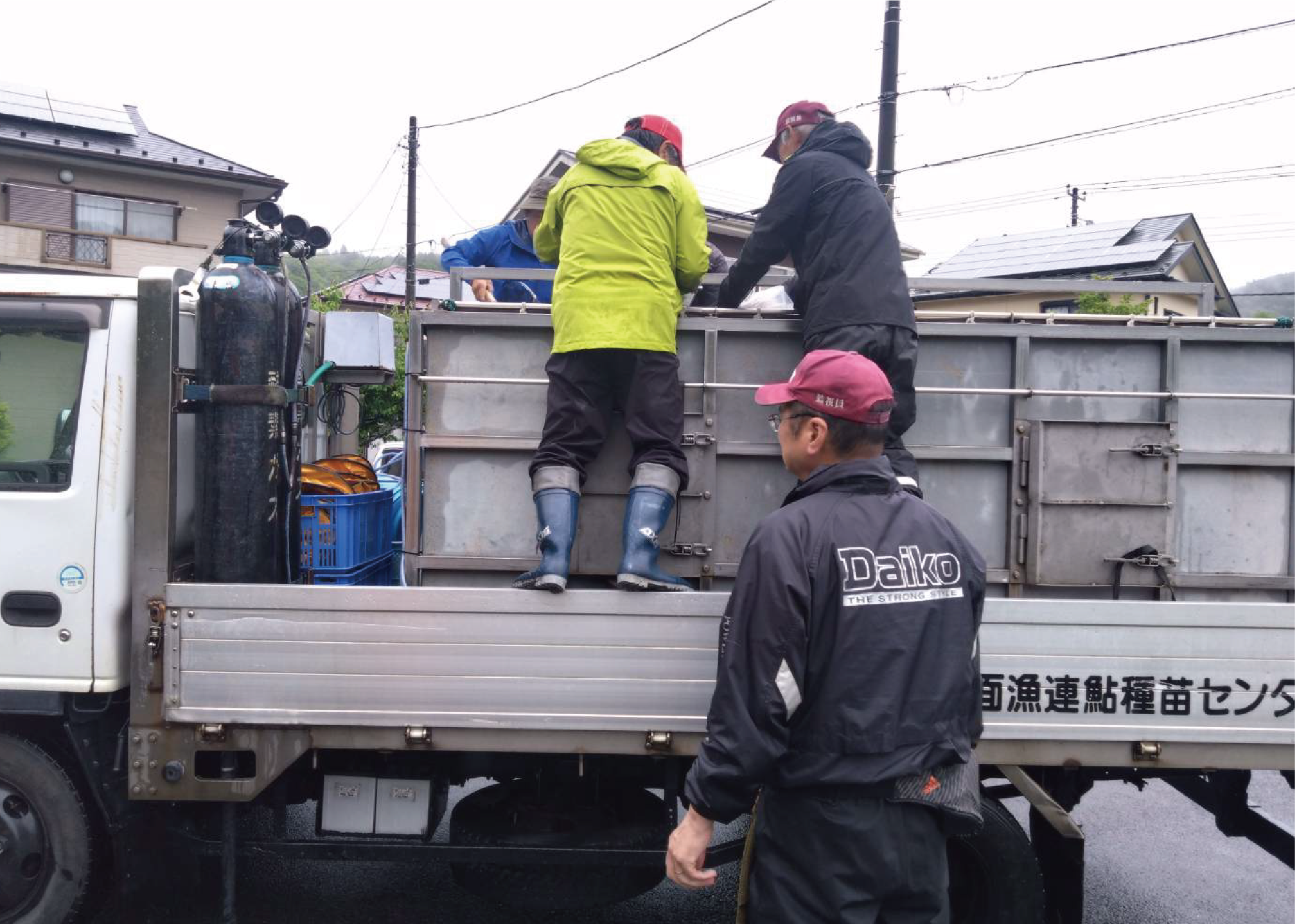 トラックからあまごをおろす様子